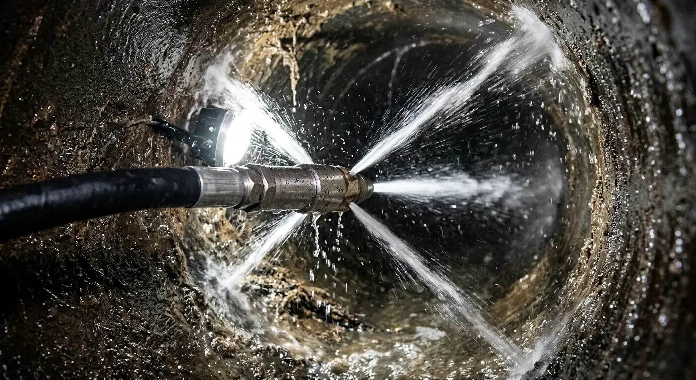 High-pressure hydro jetting nozzle cleaning sewer pipe for Storm Drain Cleaning in DeWitt