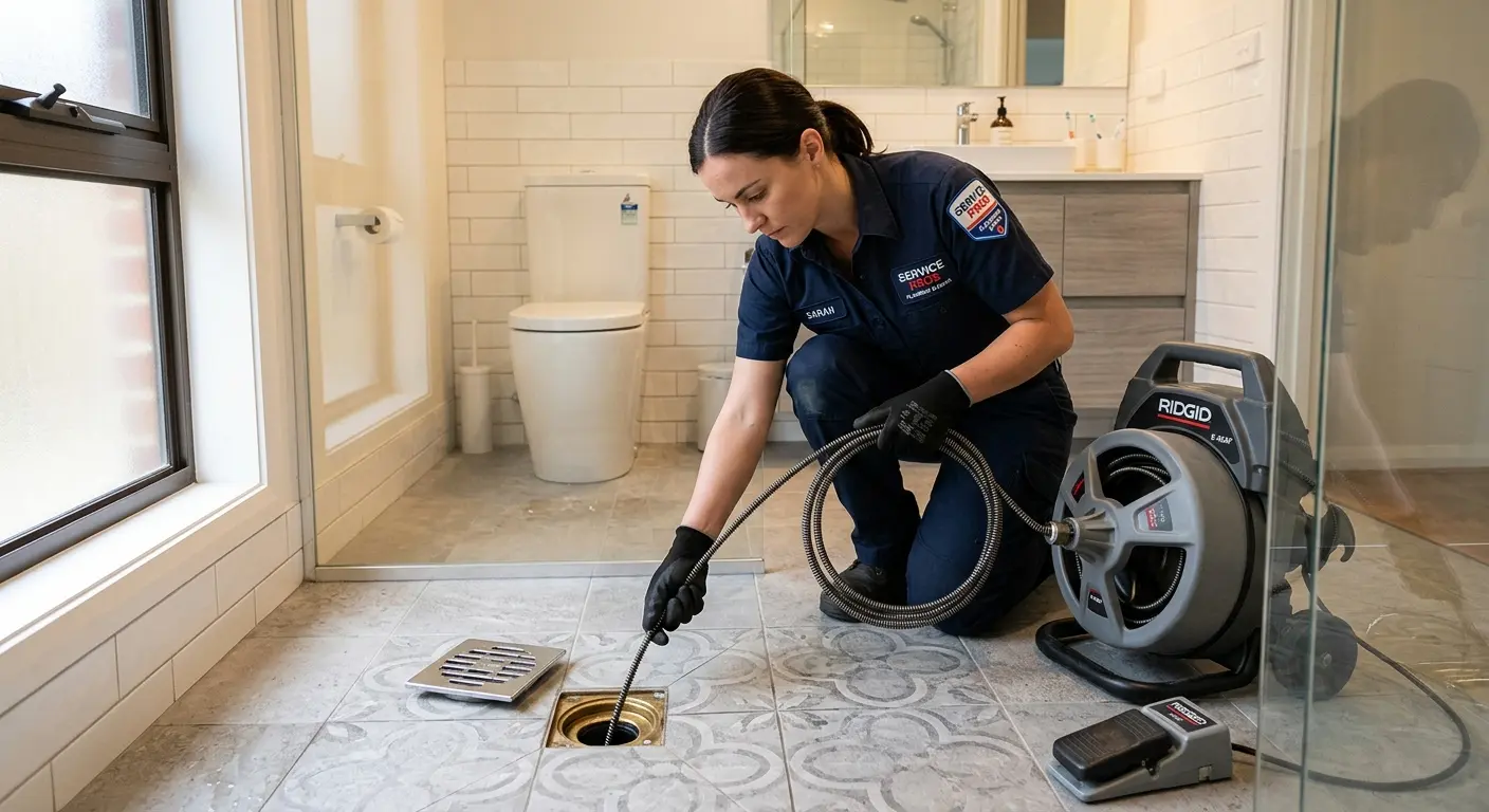 Technician clearing a bathroom floor drain for Sewer Line Installation in DeWitt